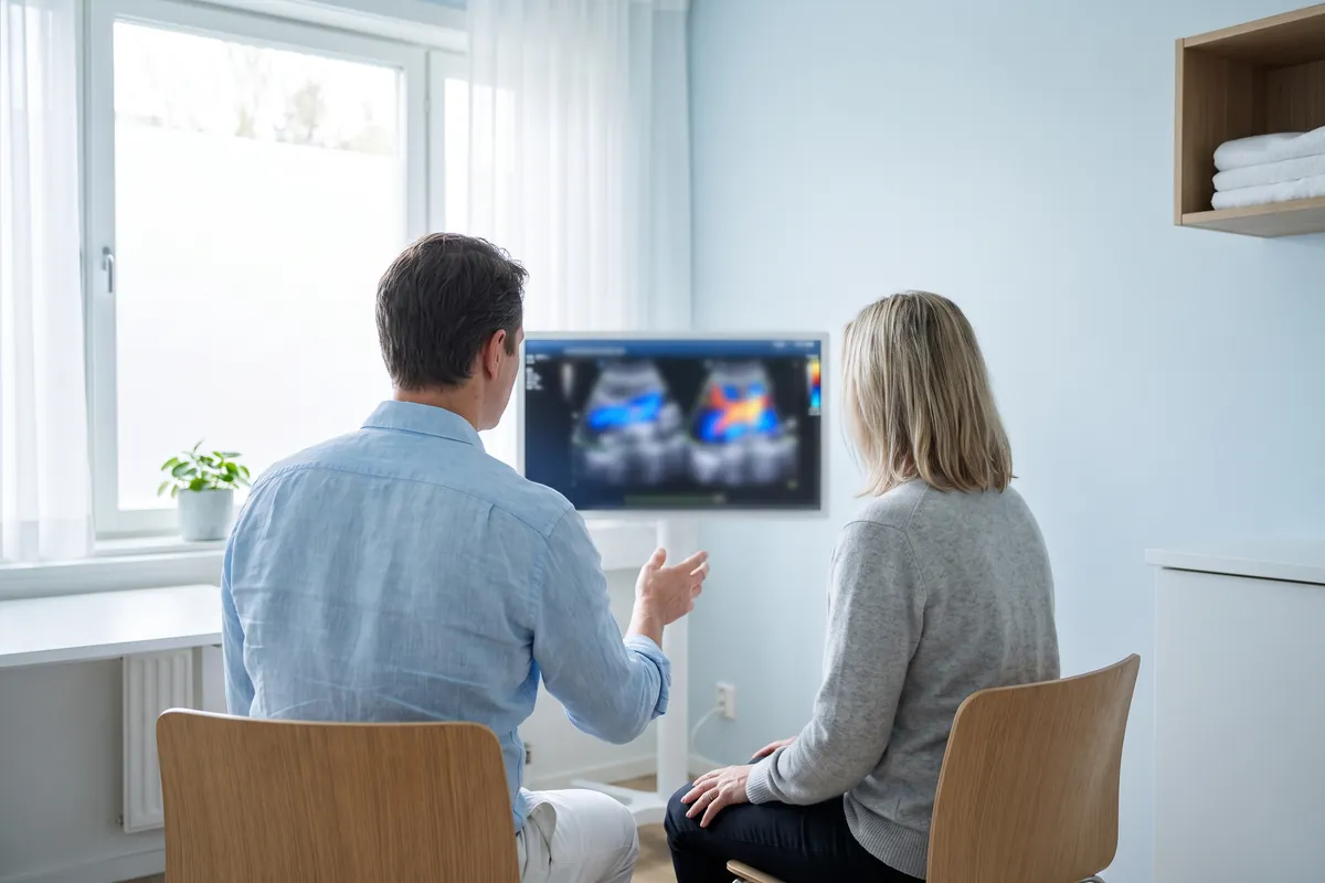 Hekim ve hastanın Doppler ultrason görüntüsünü birlikte incelemesi (temsili görsel)