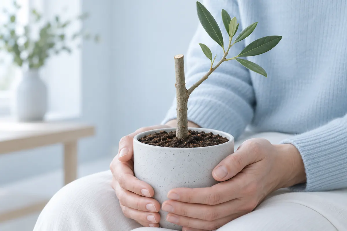 Budanmış ana gövdenin yanından ayrı bir dal uzanan küçük saksı bitkisini tutan eller (temsili görsel)