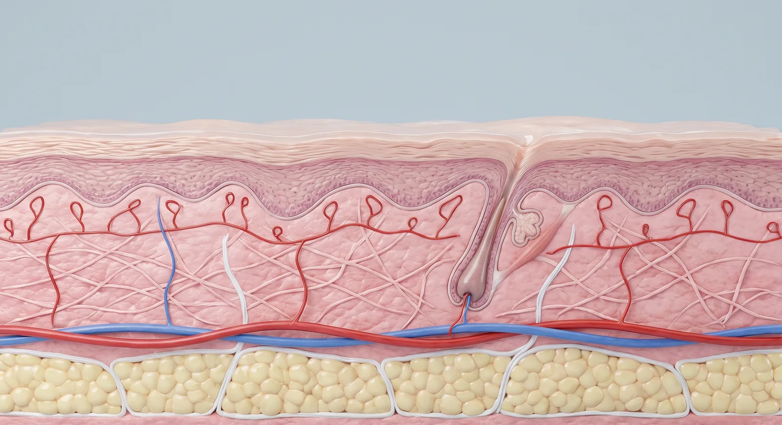 Cilt kesiti: epidermis, kılcal damarlı dermis, kıl kökü, atardamar ve toplardamar, deri altı yağ dokusu (temsili anatomik çizim)