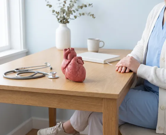 Masada anatomik kalp modeli ve stetoskop (temsili görsel)