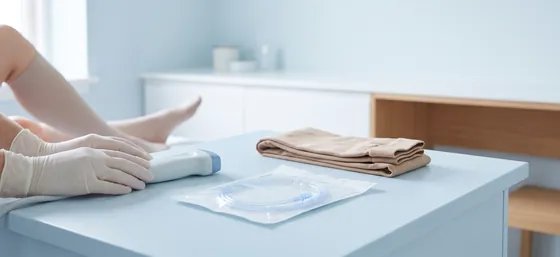 Ultrason probu, ince kateter ve kompresyon çorabı (temsili görsel)