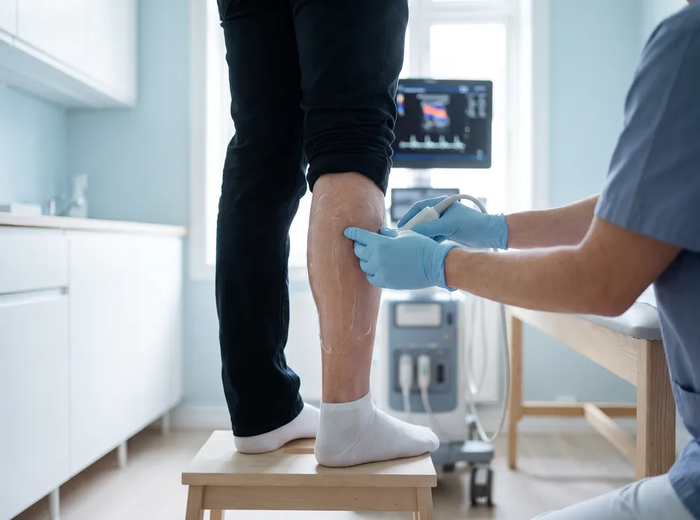 Hekimin Doppler ultrason ile hastanın bacak damarlarını değerlendirmesi.