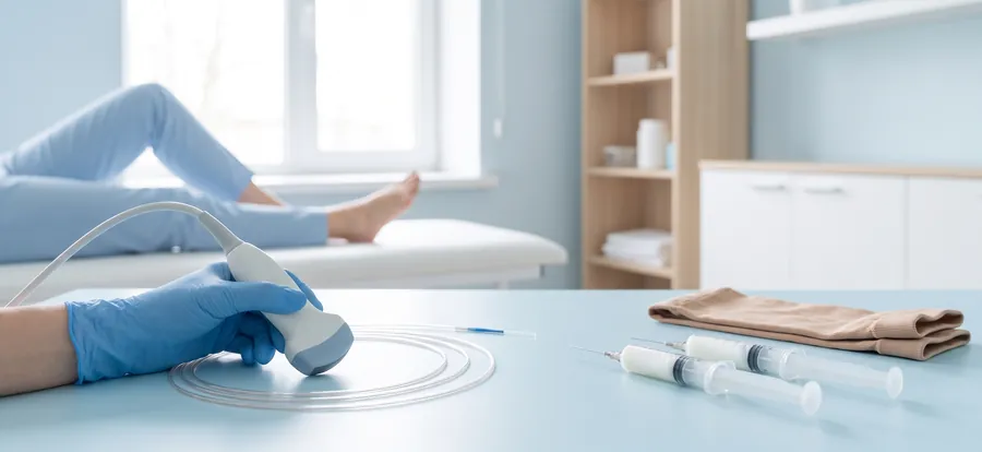Ultrason probu, lazer fiberi, enjektörler ve kompresyon çorabı (temsili görsel)